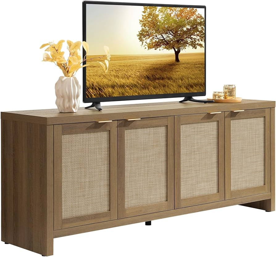 SICOTAS TV Stand for Living Room Boho Entertainment Center for Bedroom with 4 Rattan Cabinets Far... | Amazon (US)