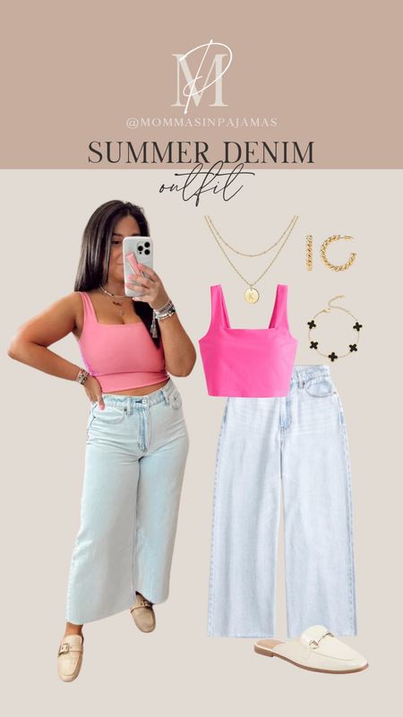 Got these jeans in a 28 short from Abercrombie. Love the pink top for summer! big bust crop tops, summer look, summer outfit, summer jeans

#LTKSeasonal #LTKtravel #LTKstyletip