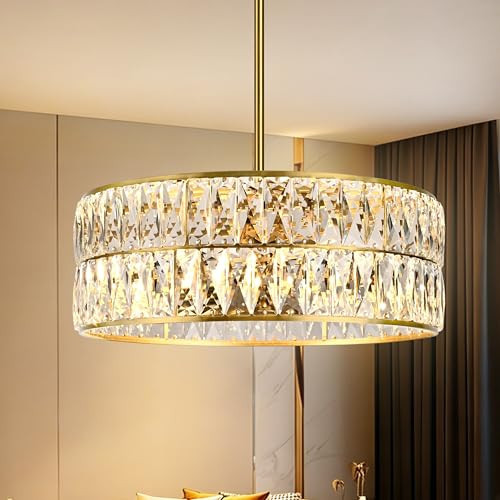 Mccokaige 18" Modern Crystal Pendant Light Contemporary Round Pendants Lights Brushed Gold Drum Shade Crystal Chandelier Adjustable Crystals Light Fixture for Living Room Dining Room Foyer | Amazon (US)