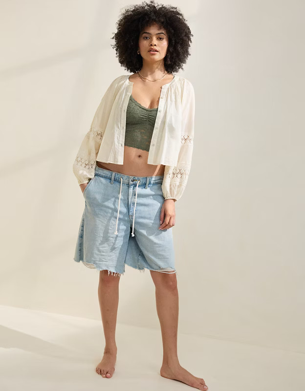 Aerie Long Sleeve Crochet Button Down Shirt | American Eagle Outfitters (US & CA)