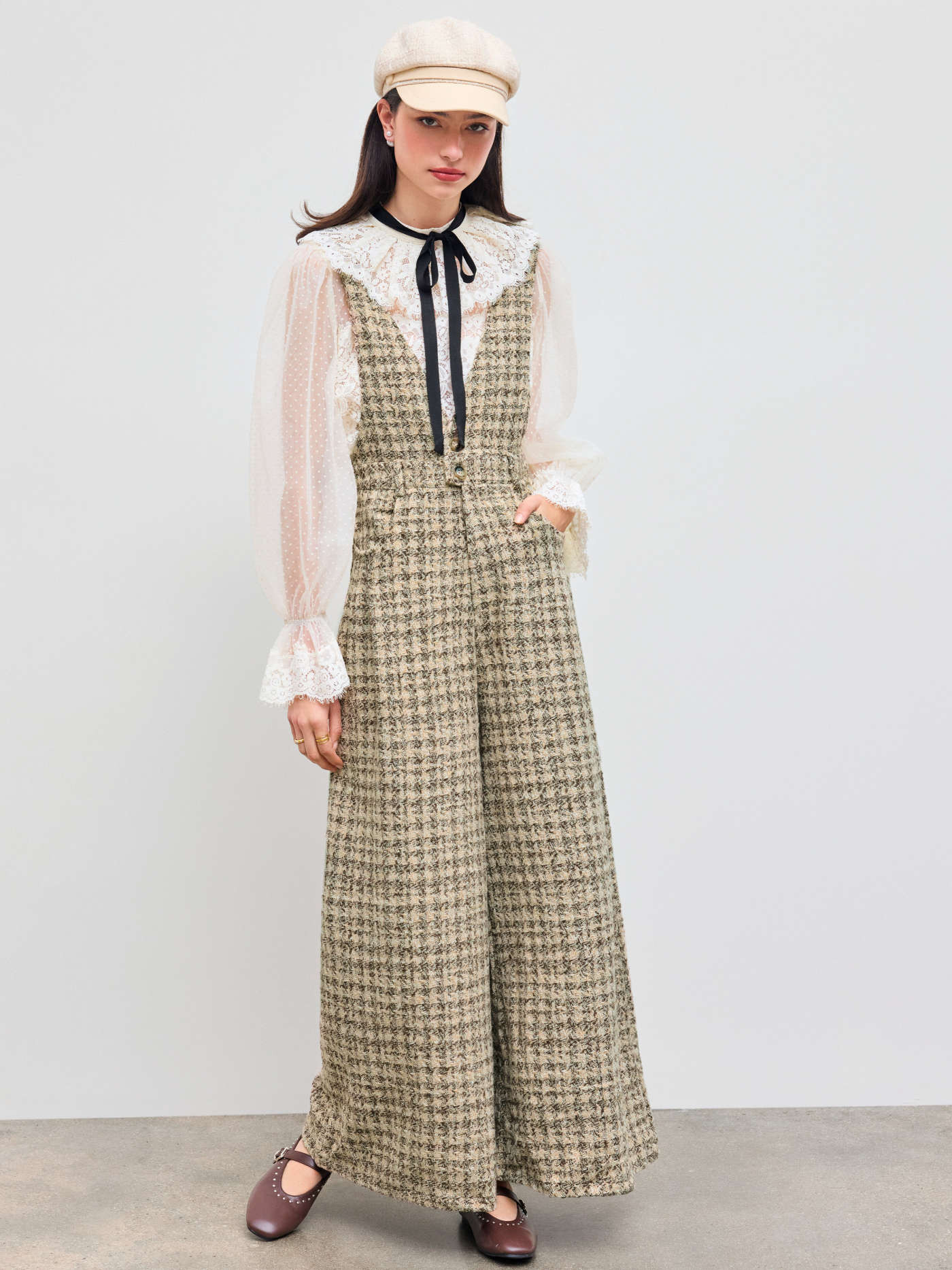 Cowboy Western Outfits Tweed Tweed V-neck Check Button Pleated Wide Leg Jumpsuit For Coffee Shop ... | Cider
