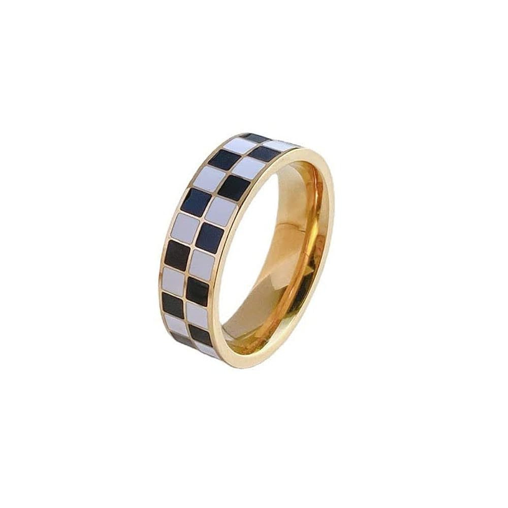Checkerboard Bands Statement Finger Ring 14K Gold Black White Titanium steel Ring Size 5-10 | Amazon (US)