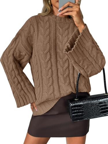 Saodimallsu Womens Oversized Sweaters Cable Knit Bell Batwing Sleeve Crew Neck Fall Winter Chunky... | Amazon (US)