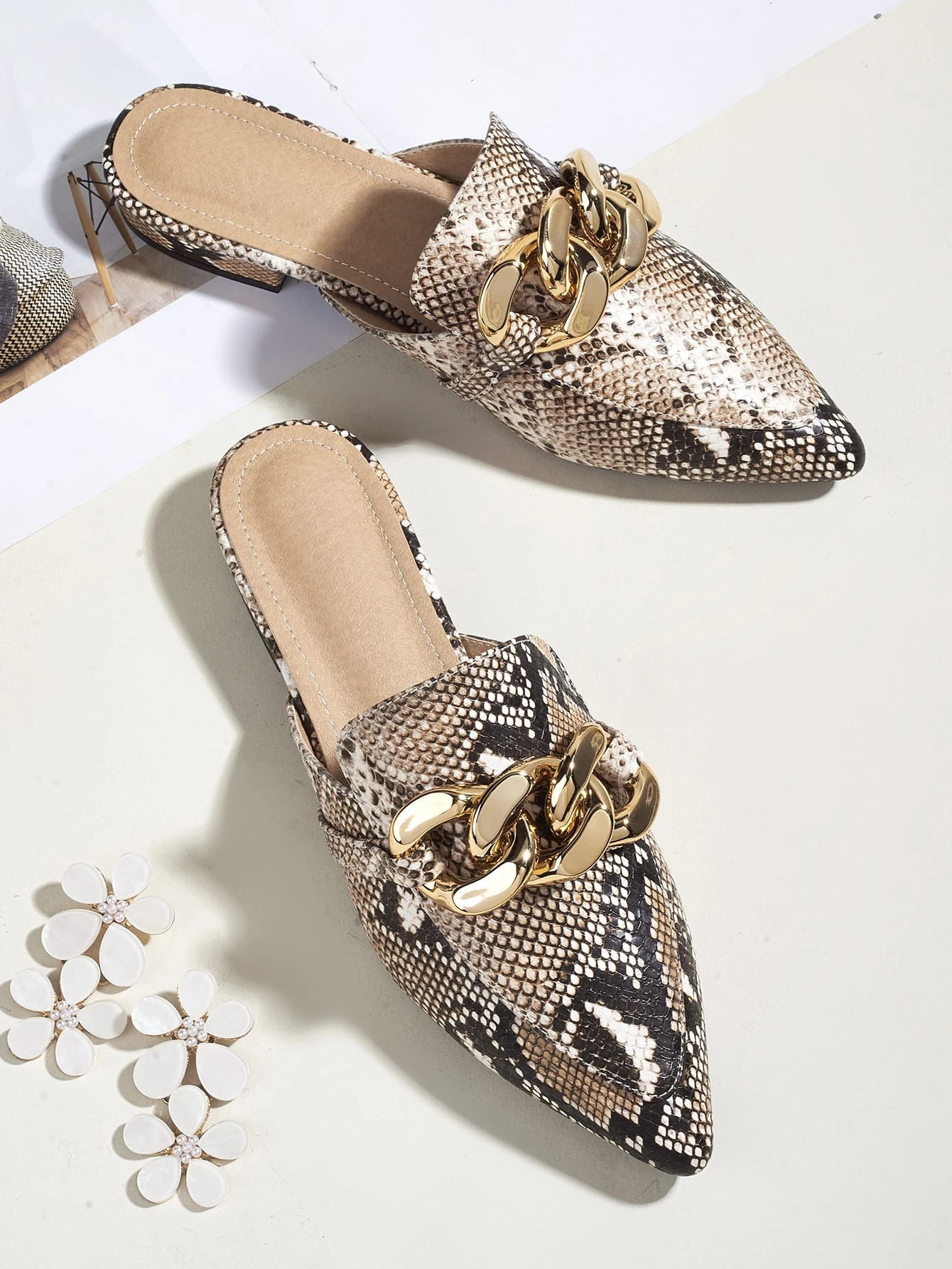 Chain Decor Snakeskin Flat Mules | SHEIN