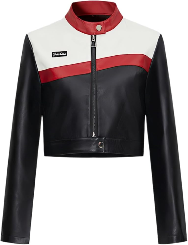 Wuitrie Womens Faux Leather Jacket Cropped Jacket Color Block Long Sleeve Zip Up Motorcycle Jacke... | Amazon (US)