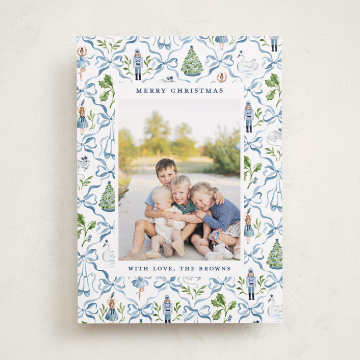 "Nutcracker ribbons" - Customizable Christmas Photo Cards in Blue by Sarah Knight. | Minted