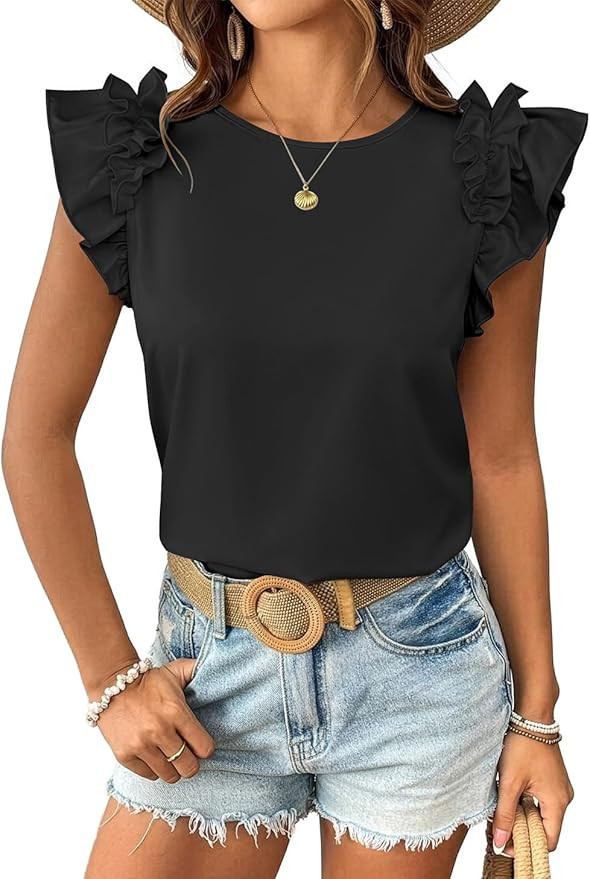 JUSTFASHIONNOW Womens Ruffle Short Sleeve Tops Summer Trendy Casual T Shirts 2026 Crew Neck Cute ... | Amazon (US)