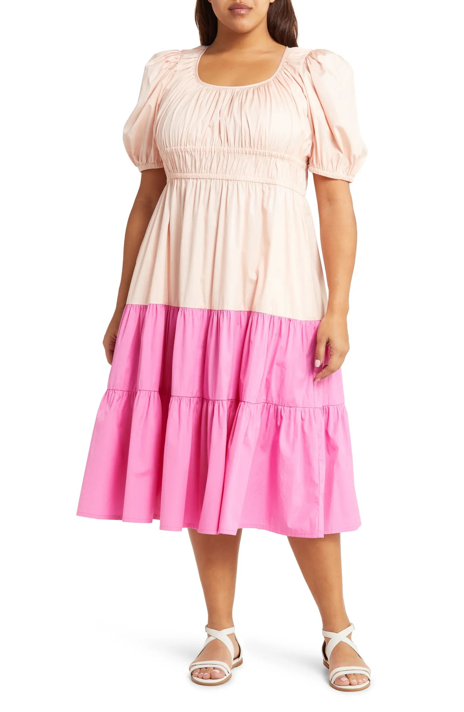 A peony-pink ruffle trims the full skirt of this lovely cotton dress featuring a shirred bodice w... | Nordstrom
