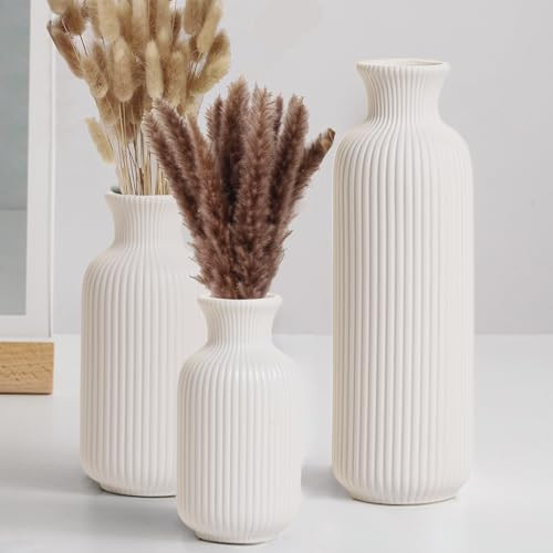 BOXJINCO White Ceramic Vase Set of 3,Modern Vase Ribbed Design,Minimalist Decor Flower Vase for Table,Shelf,Farmhouse Vase for Decor（Vertical Ribbed Vase） | Amazon (US)