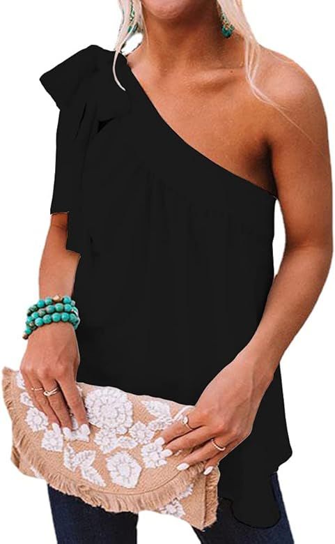 Guteidee Women's One Shoulder Tops Casual Tie Bow Knot Sleeveless Blouse Tunic Shirts | Amazon (US)