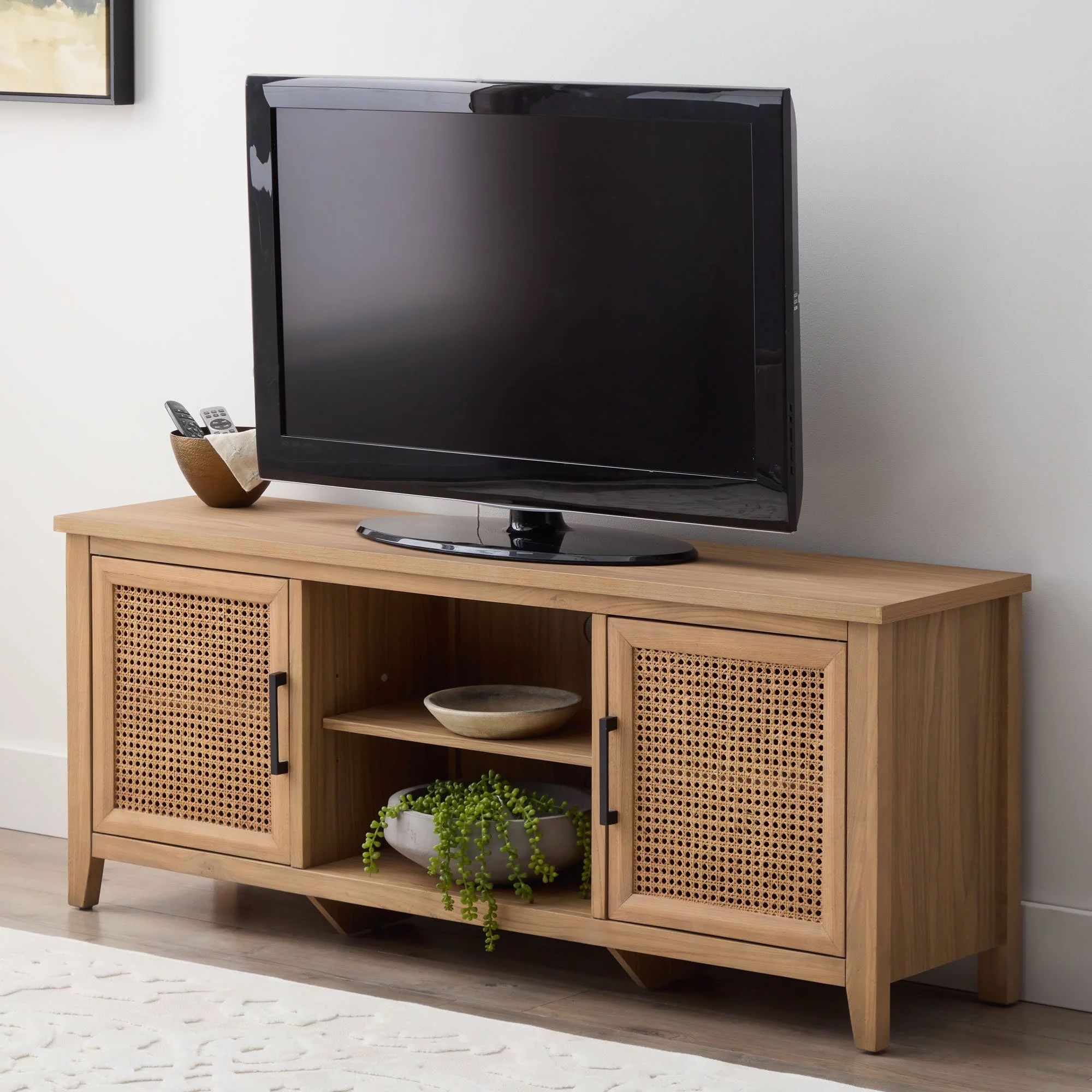 My Texas House Emma Wood and Cane TV Stand for TVs up to 65 inches, Light Oak | Walmart (US)