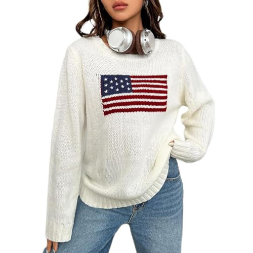 Women's American Flag Sweater Star Print Long Sleeve Crew Neck Knit Pullover 4th of July Jumper Top A-white | Amazon (US)