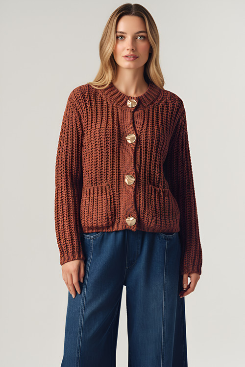 Modenaire Chunky Ribbed Gold-Button Patch-Pocket Cardigan in Rust at Nordstrom, Size Large | Nordstrom