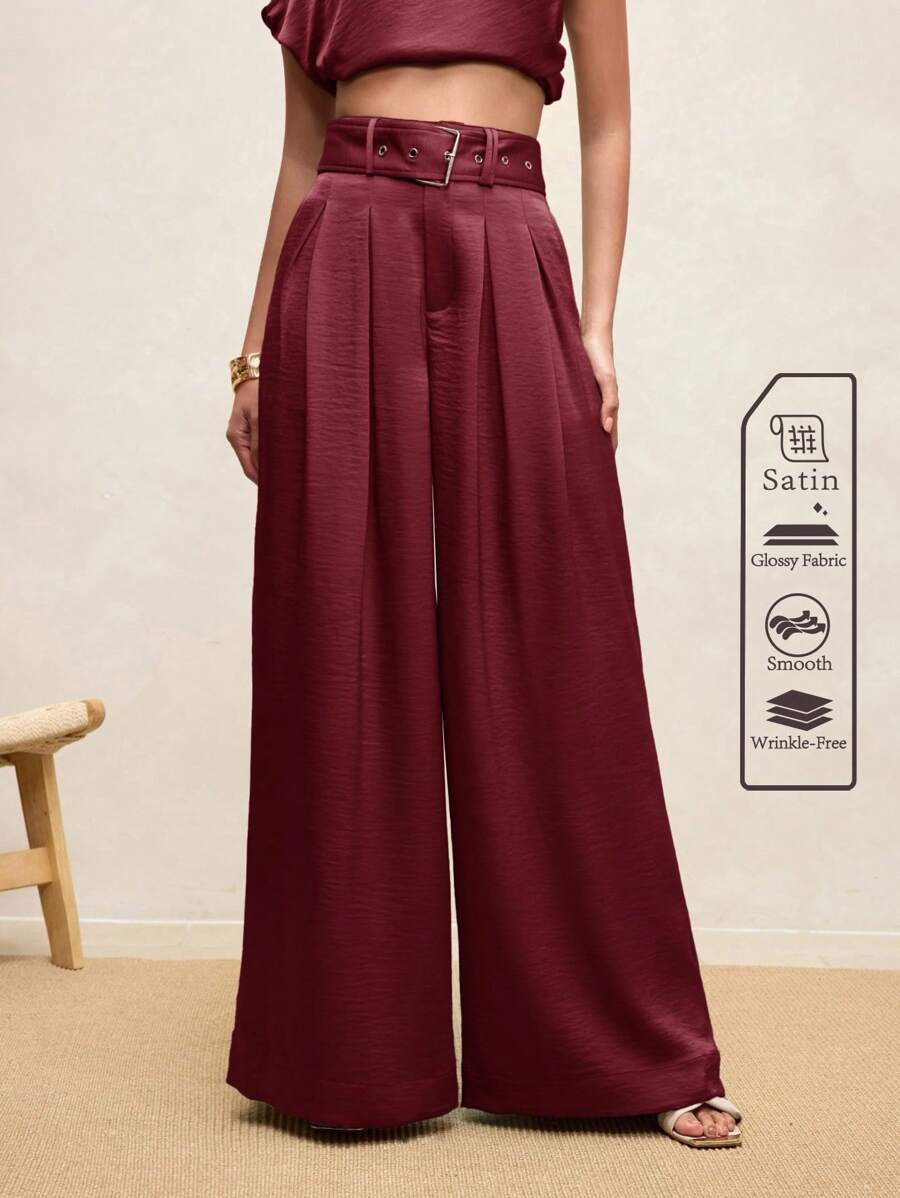 Arave Women's Satin High-End Elegant Pleated Design Women's Wide Leg Pants With Belt For Commutin... | SHEIN