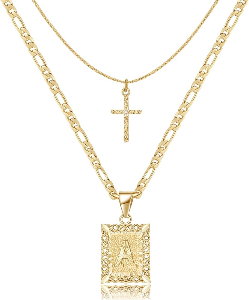 KELORIS PATH Gold Layered Initial Cross Necklace, 14K Gold Plated Layering Square Letter Pendant ... | Amazon (US)