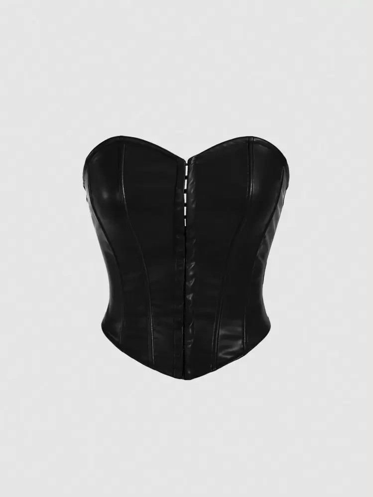 SHEIN x Marika Sila SHEIN MOD Solid Center Front Button Decoration PU Leather Black Tube Top | SHEIN