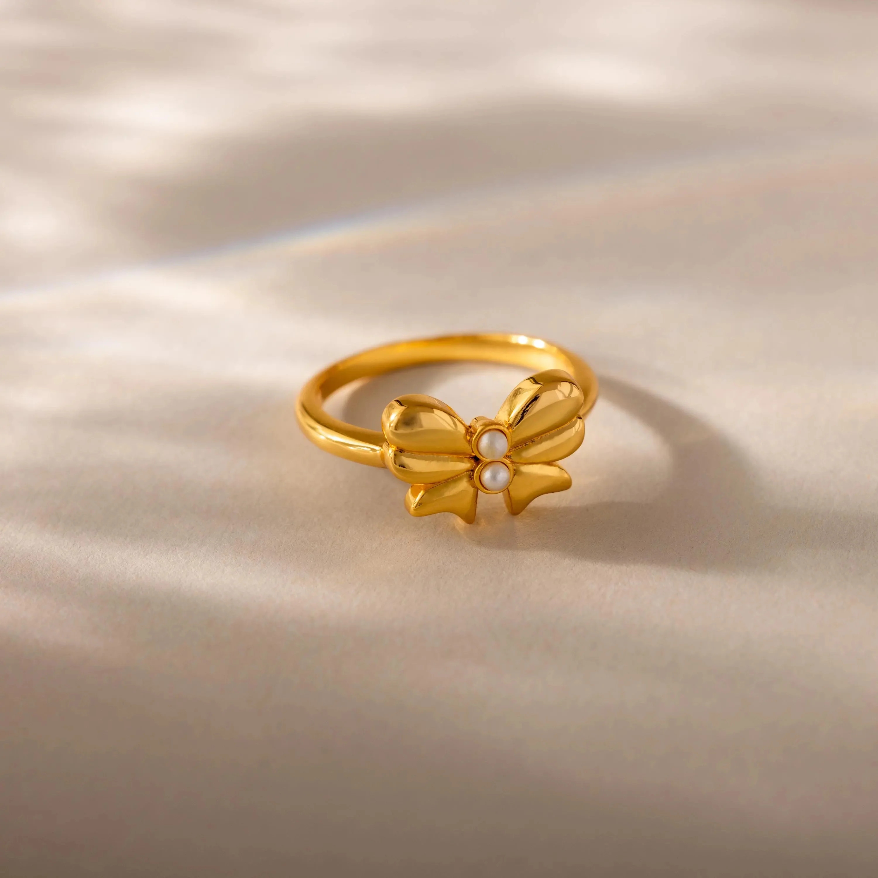 Dainty Gold Pearl Ribbon Bow Ring | Caitlyn Minimalist | Caitlyn Minimalist