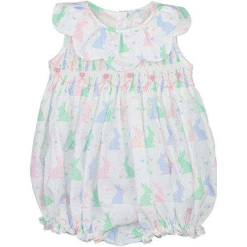Pastel Bunny Print Smocked Bubble | Cecil and Lou