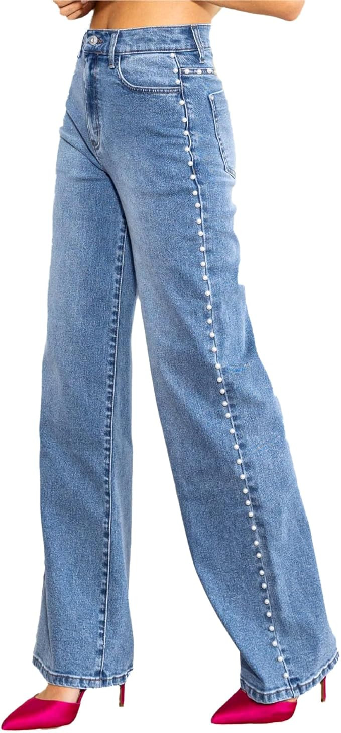 Kedera Women's High Waisted Jeans Stretchy Pearl Beaded Jeans Wide Leg Casual Denim Trousers Y2K ... | Amazon (US)