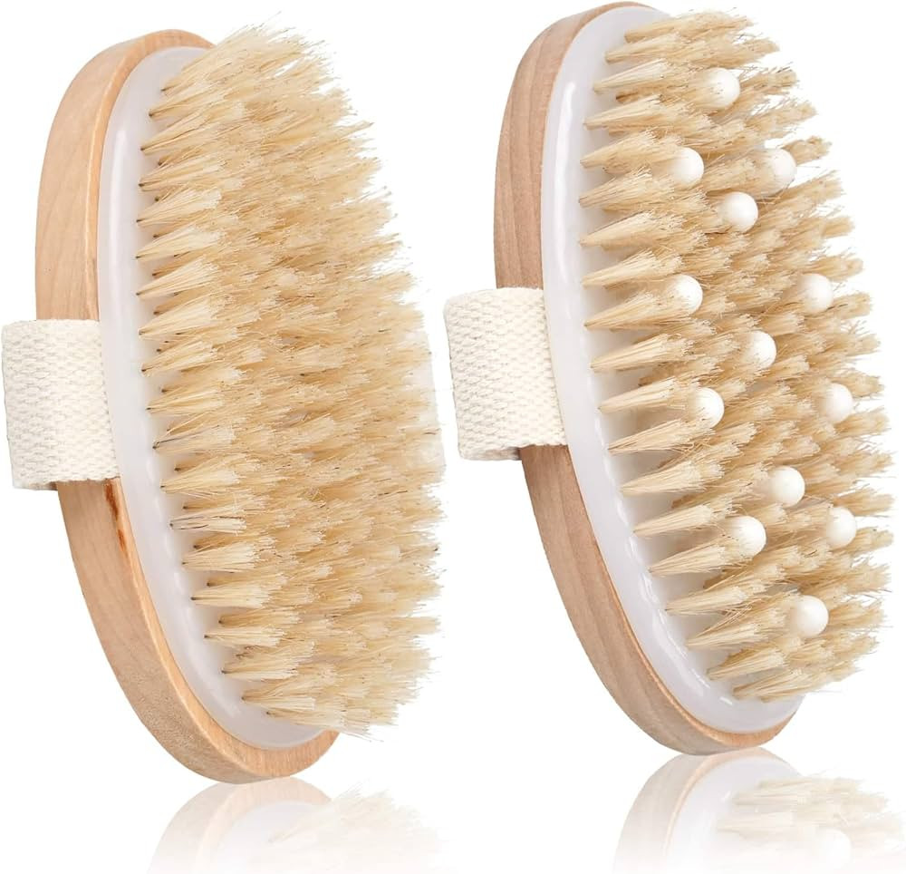 Amazon.com : 2 Pack Dry Brushing Body Brush, Natural Bristle Exfoliating Brush with Massage Nodes... | Amazon (US)