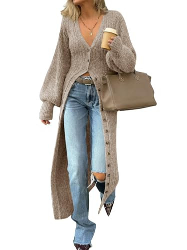 Saodimallsu Womens Long Cardigans V Neck Button Down Chunky Knit Dusters Sweater Coat Fall Trendy Maxi Sweater Dress Khaki | Amazon (US)