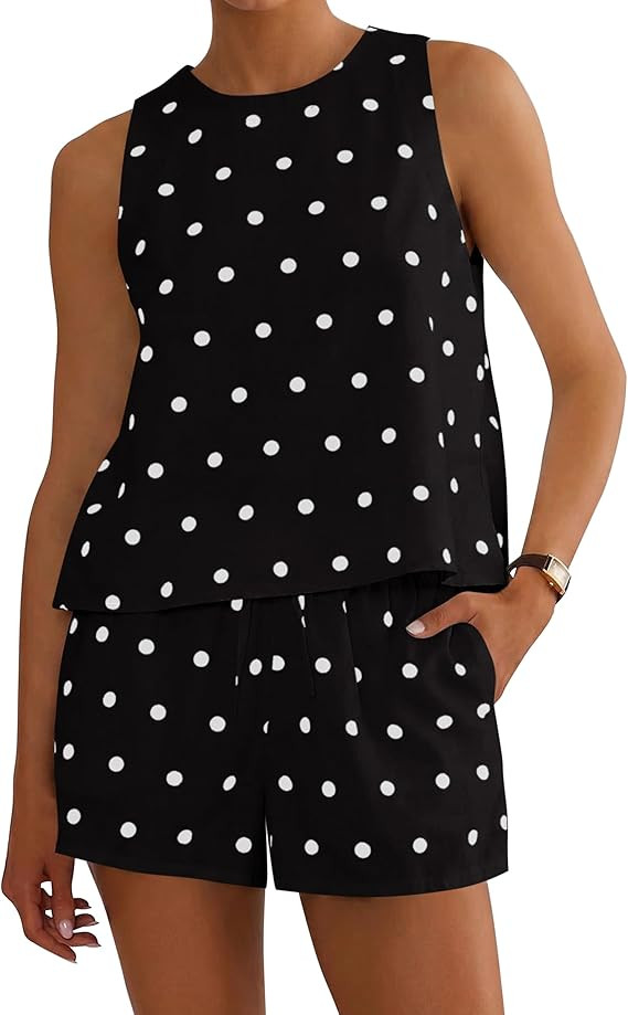 Ythomm Womens Polka Dot Two Piece Lounge Sets Summer Sleeveless Tops Drawstring Linen Shorts Matc... | Amazon (US)