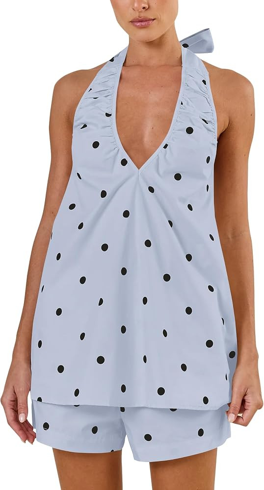 Women Polka Dot Short Set Ruched V Neck 2 Piece Lounge Sets Halter Top and Shorts Matching Sets V... | Amazon (US)