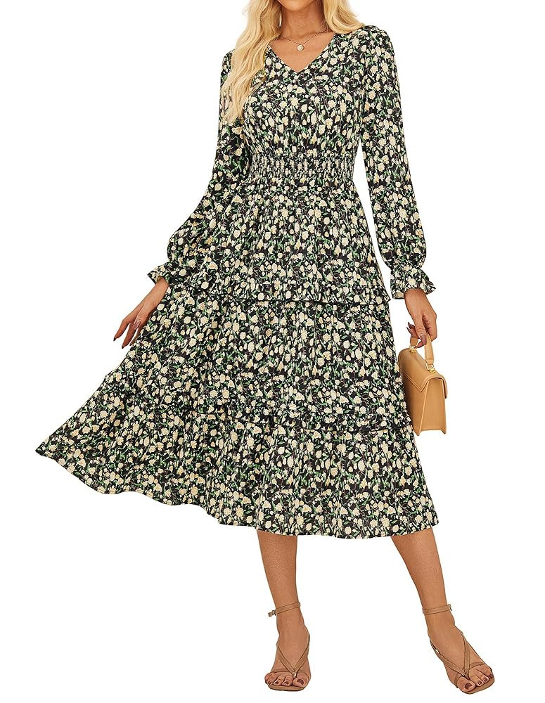 GRACE KARIN Women's Floral Maxi Dress 2025 Fall Long Sleeve Flowy V Neck A Line Dress Smocked Lon... | Amazon (US)