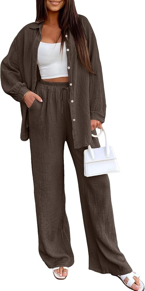 LILLUSORY Womens 2 Piece Linen Matching Lounge Sets 2026 Summer Vacation Outfits Long sleeve Butt... | Amazon (US)