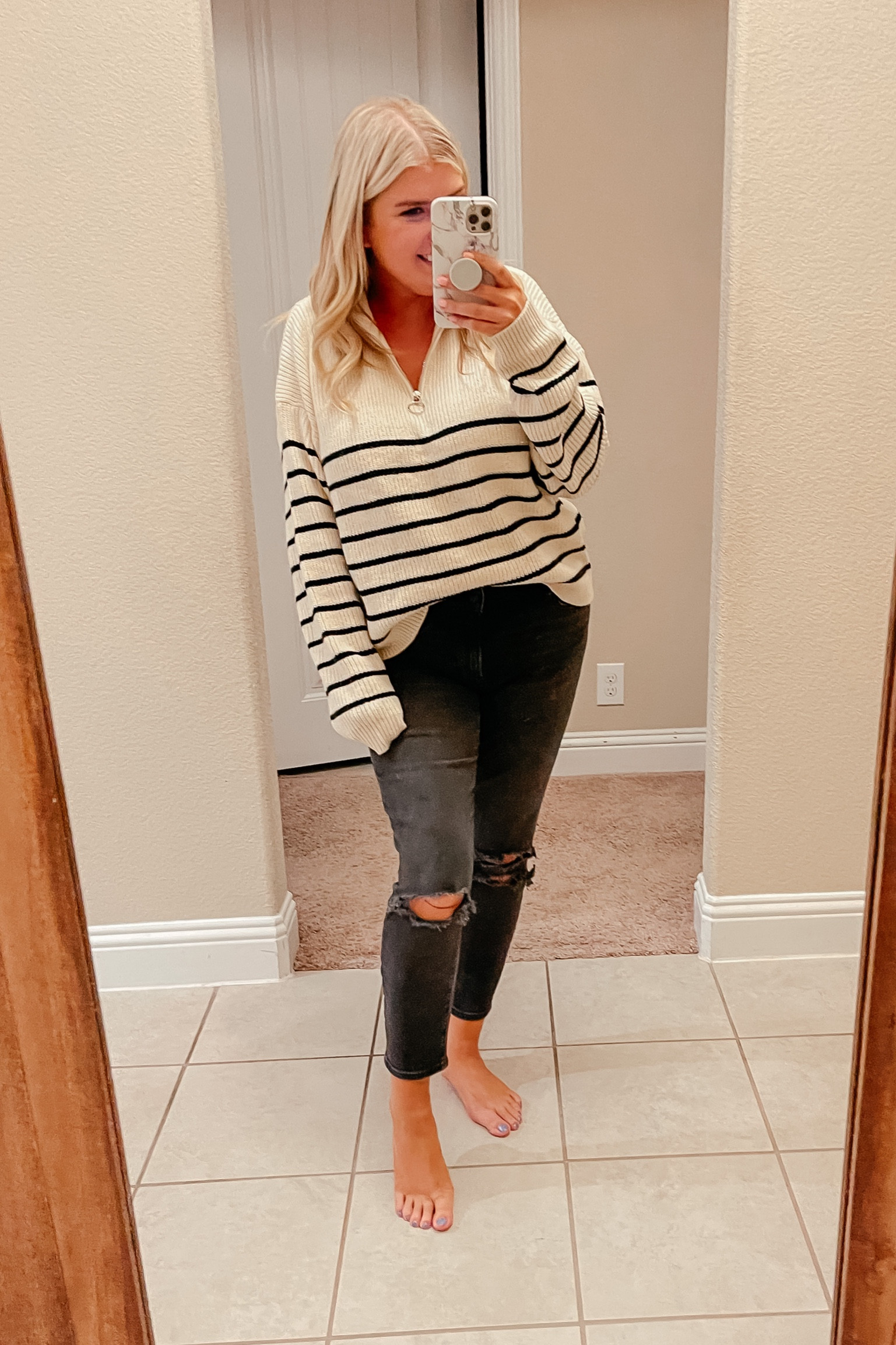 striped drop shoulder zipper front sweater