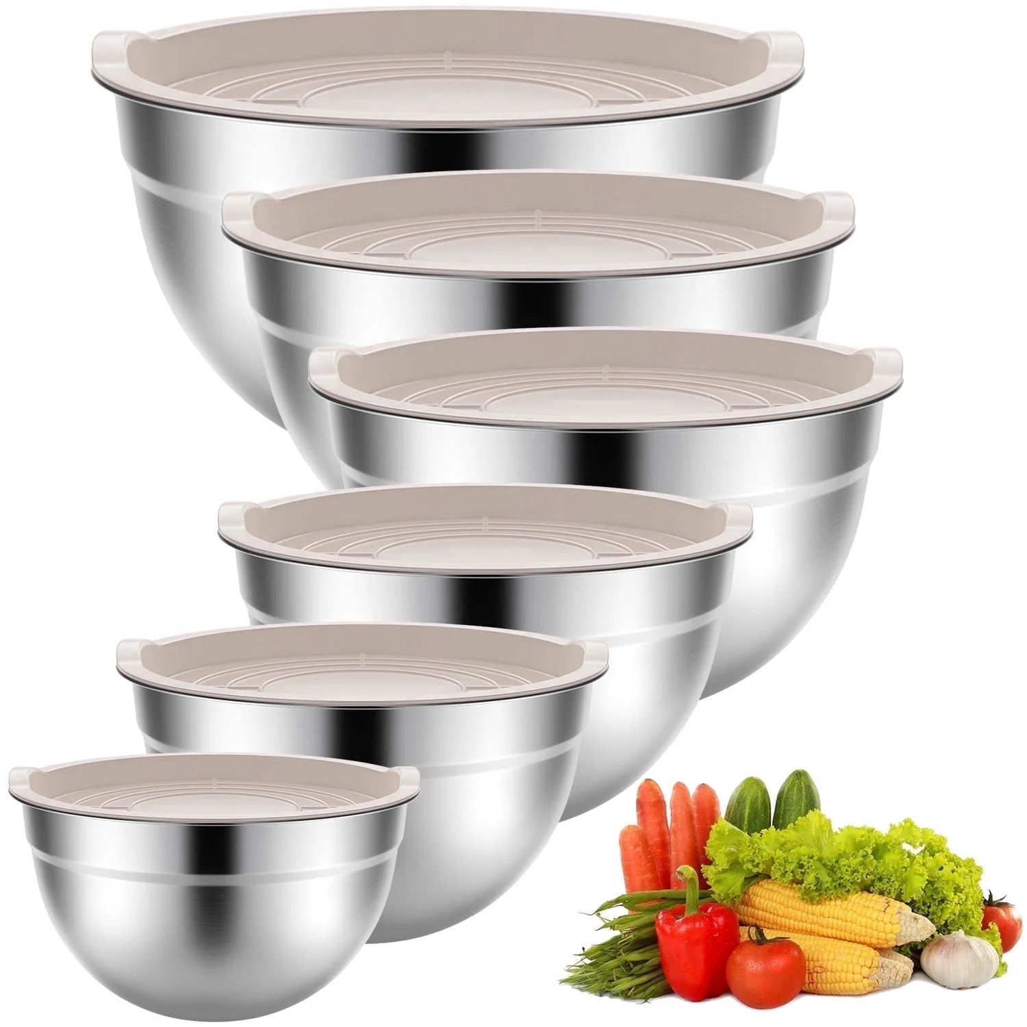 Stainless Steel Mixing Bowls Set, TINANA 6 Pack Mixing Bowls with Lids, Metal Nesting Storage Bowls for Kitchen, 4.5/3/2.5/2/1.5/0.75QT, Great for Prep, Baking, Serving, Khaki | Walmart (US)