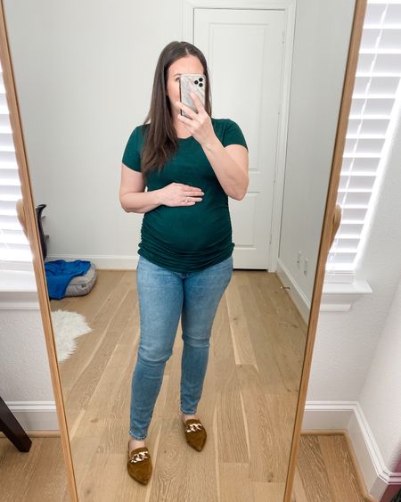 Amazon maternity clothes / pregnancy outfit / green T-shirt (m) comes in a 3 pack / skinny maternity over the belly jeans / brown slides 

#LTKbump #LTKSeasonal #LTKunder50