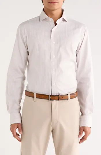 Lorenzo Uomo Trim Fit Stripe Textured Stretch Dress Shirt in Tan at Nordstrom Rack, Size 14.5 - 32 | Nordstrom Rack