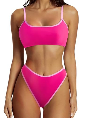 SUUKSESS Women High Waisted Two Piece Bikini Sets Cheeky High Cut Bandeau Swimsuits Push Up Bathing Suit(Hot Pink,M) | Amazon (US)