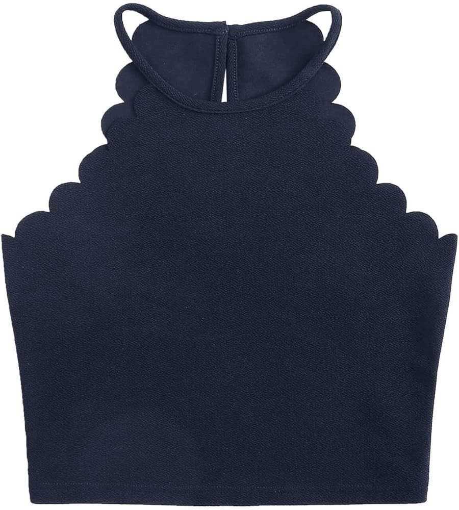 MakeMeChic Women's Solid Halter Neck Cami Scallop Trim Workout Crop Top | Amazon (US)