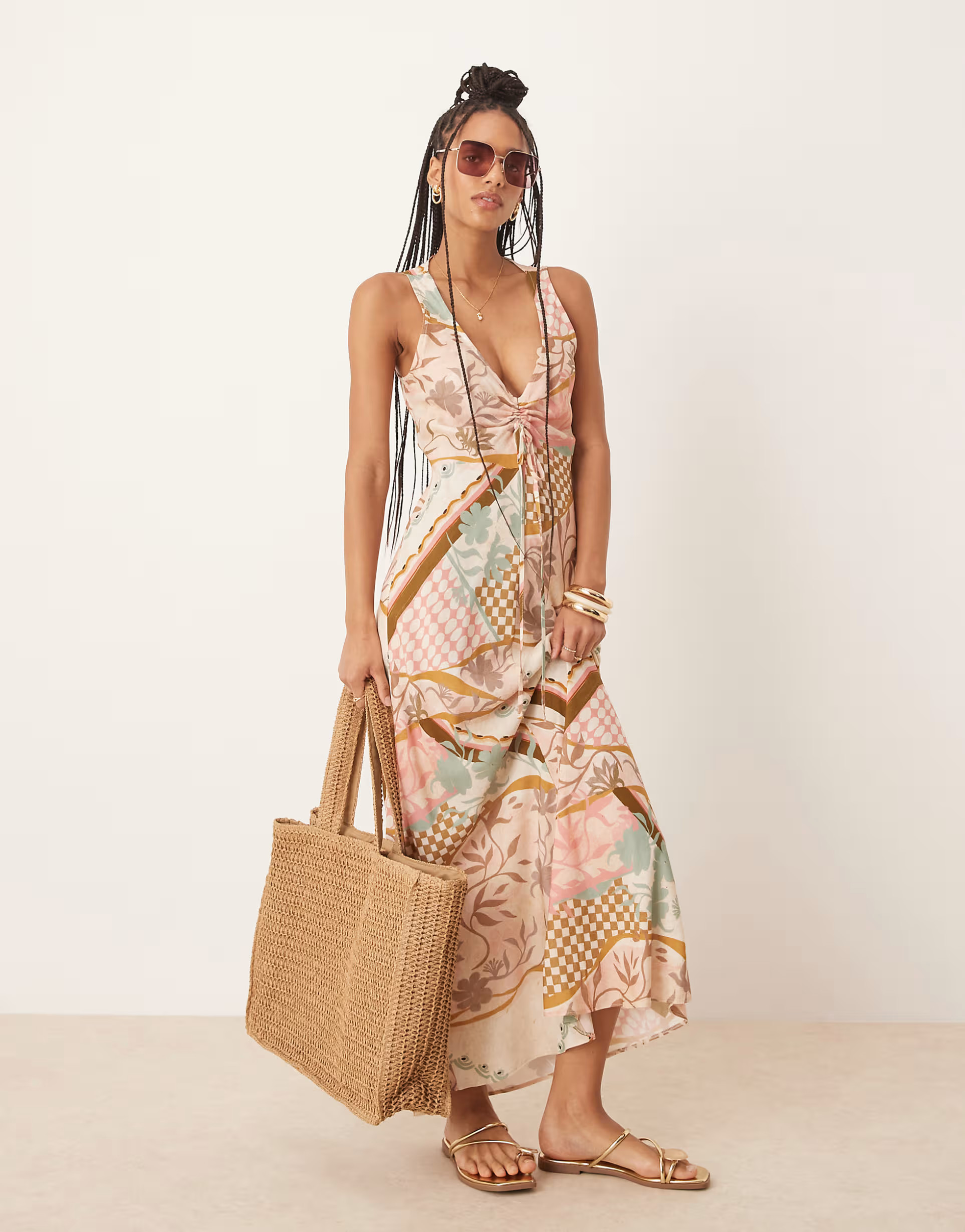 ASOS DESIGN v neck ruched tie midi dress in pink floral abstract print | ASOS (Global)