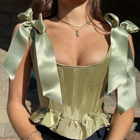 Beautiful vintage green corset style top with ribbon details | Etsy | Etsy (US)