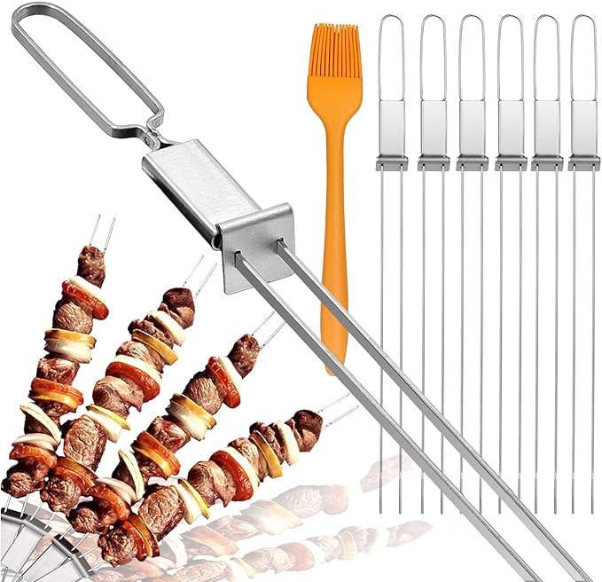 Skewers for Grilling- 17" Long Double Pronged BBQ Skewers with Push Bar- Shish Kabob Skewers - St... | Amazon (US)