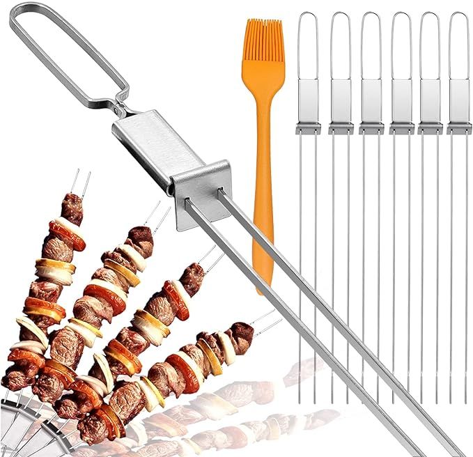 Skewers for Grilling- 17" Long Double Pronged BBQ Skewers with Push Bar- Shish Kabob Skewers - St... | Amazon (US)