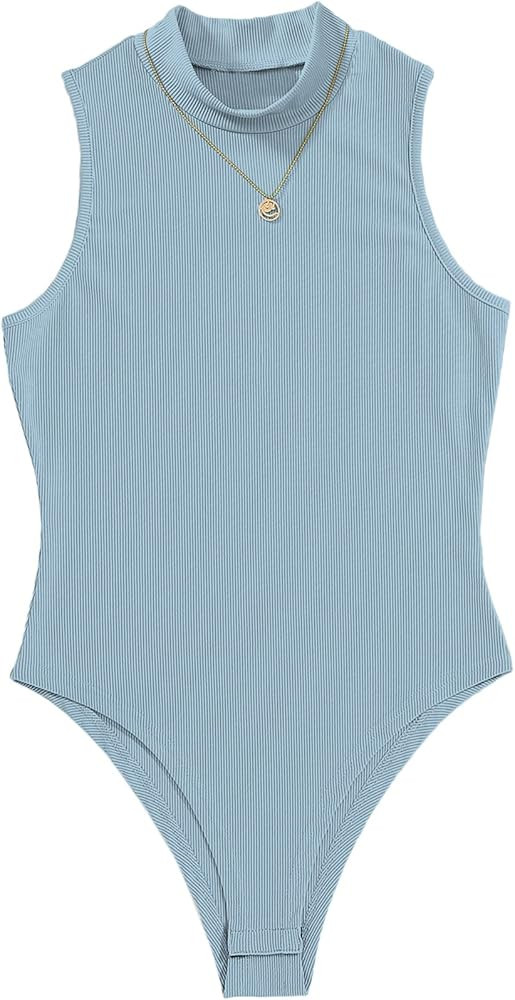 Floerns Women's Casual Mock Neck Sleeveless Rib Knit Solid Bodysuit Tops | Amazon (US)