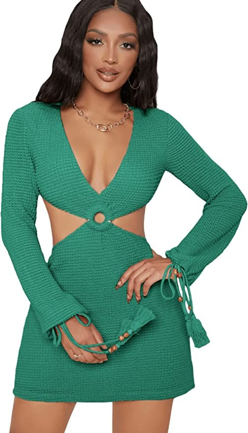 SweatyRocks Women's Long Sleeve Drawstring Cuff Cutout Ring Bodycon Mini Dress | Amazon (US)