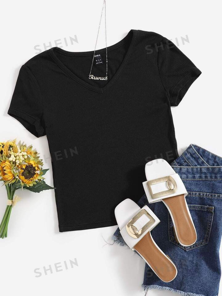 SHEIN EZwear V Neck Rib Knit Solid Tee | SHEIN