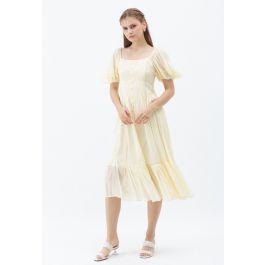 Flowy Puff Sleeves Buttoned Frilling Dress in Light Yellow | Chicwish