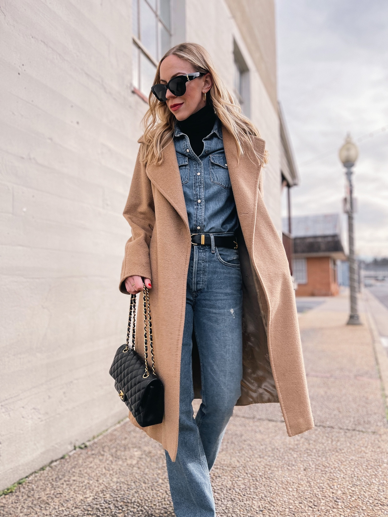 Camel coat, denim shirt, denim on denim outfit, all denim outfit 

#LTKstyletip #LTKunder100 #LTKSeasonal