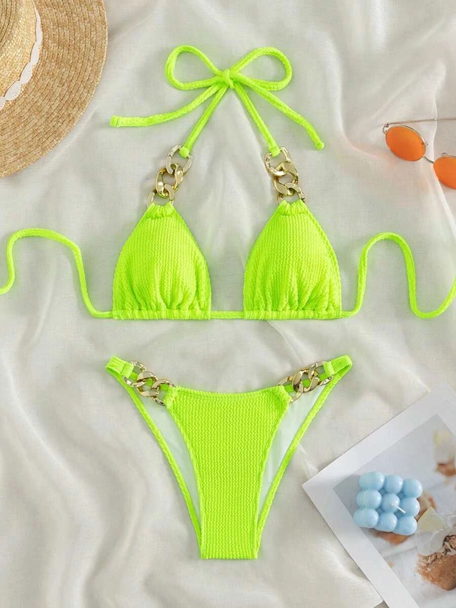 SHEIN Swim BAE Chain Linked Halter Triangle Bikini Swimsuit | SHEIN