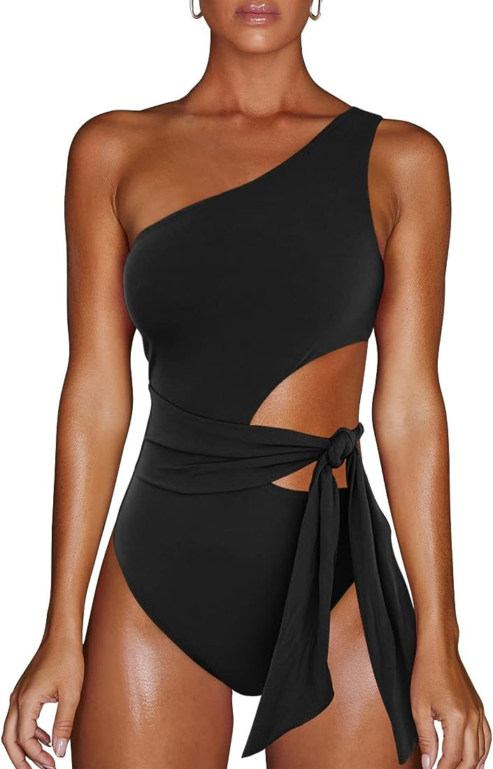 LILLUSORY Women One Piece Swimsuits Sexy One Shoulder Monokinis Tummy Control Tie Sid... | Amazon (US)
