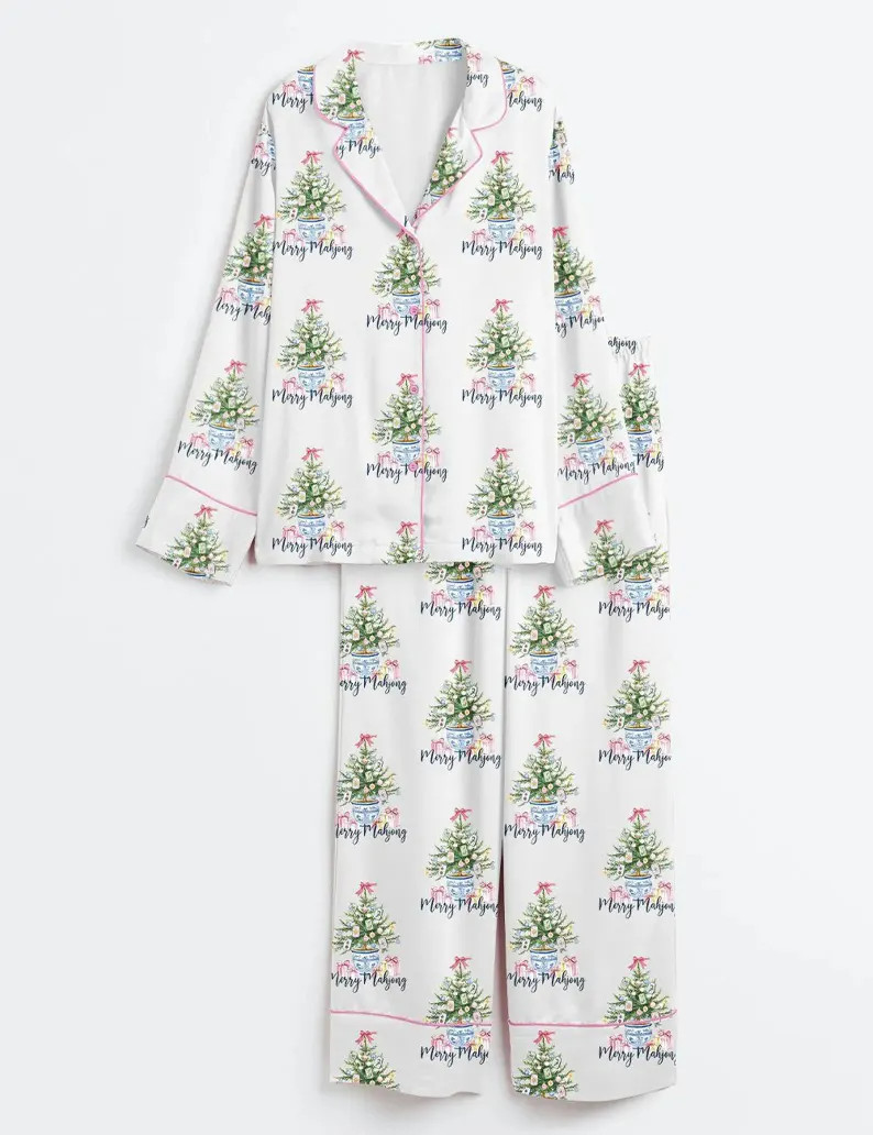 Merry Mahjong Pajama Set, Chinoiserie Satin Christmas Sleepwear, Xmas Short Sleeve Pjs, Holiday G... | Etsy (US)