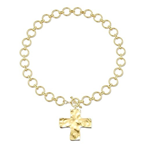 TEN MIRO 18k Gold Chunky Cross Necklace for Women Non Tarnish Cross Choker Necklaces Hammered Bold Statement Necklace Stacks Chunky Gold Chain Stacked Link Chain Necklaces | Amazon (US)