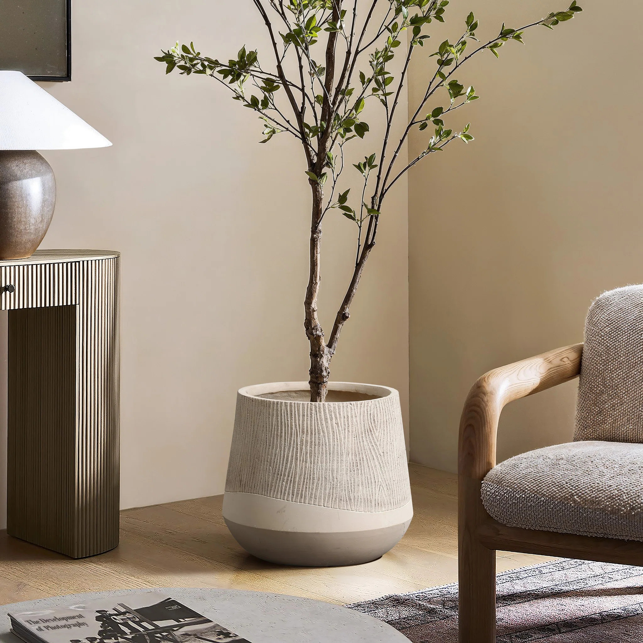 Latitude Run® Blended Tan with Wood Pattern Round Tapered Tall MgO Planter, Indoor and Outdoor |... | Wayfair North America