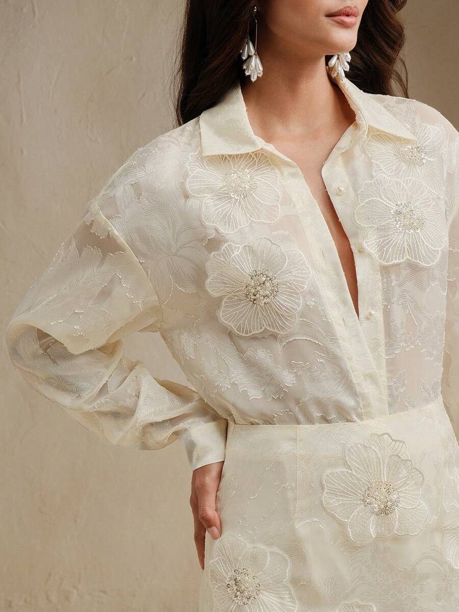 Anewsta 2pcs Set: Long Sleeve Elegant Blouse & Handmade 3D Flower Embellished Mini Skirt, Apricot | SHEIN